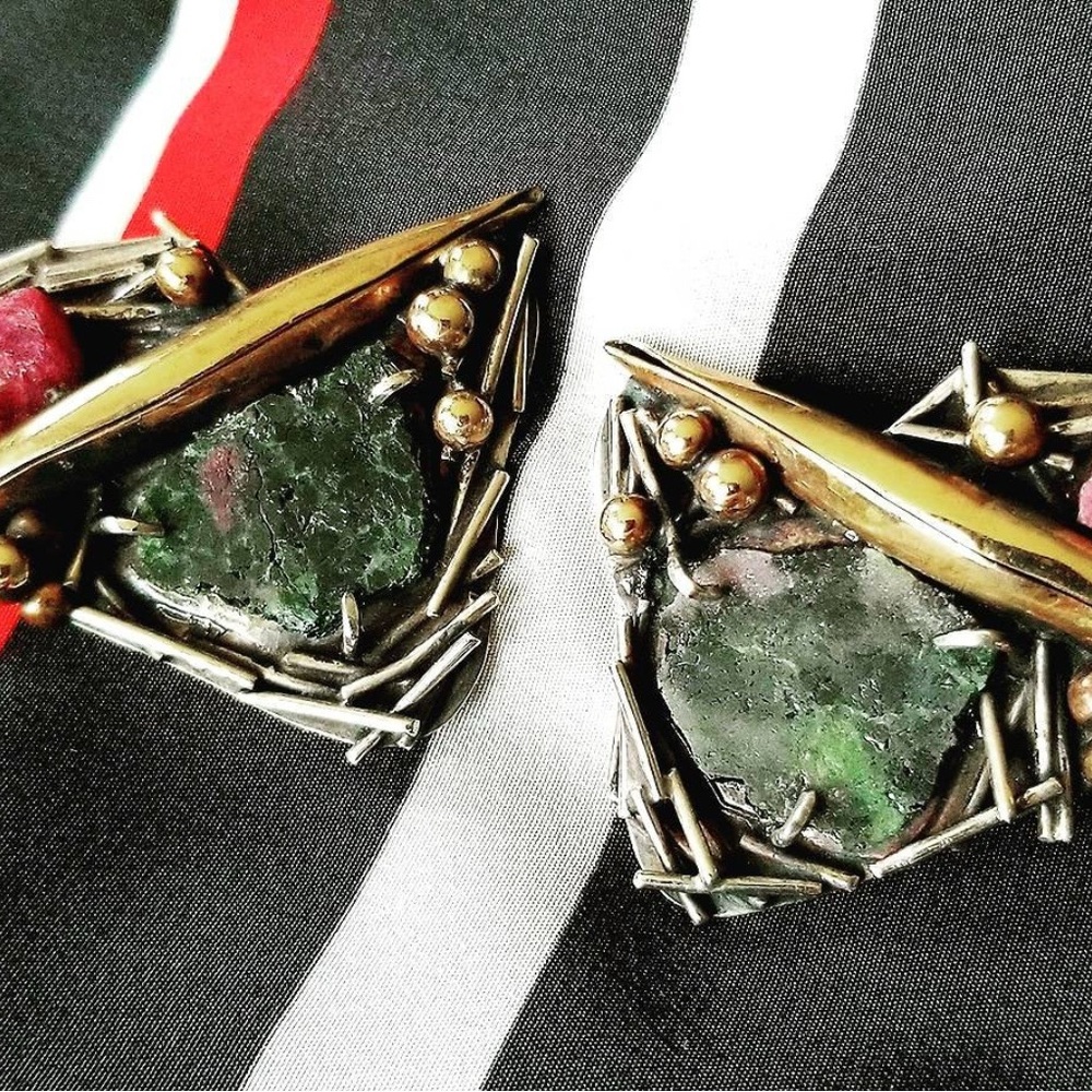 Margaret Ellis Ruby and Zoisite Sterling Earrings! Mixed Metal Glamour!